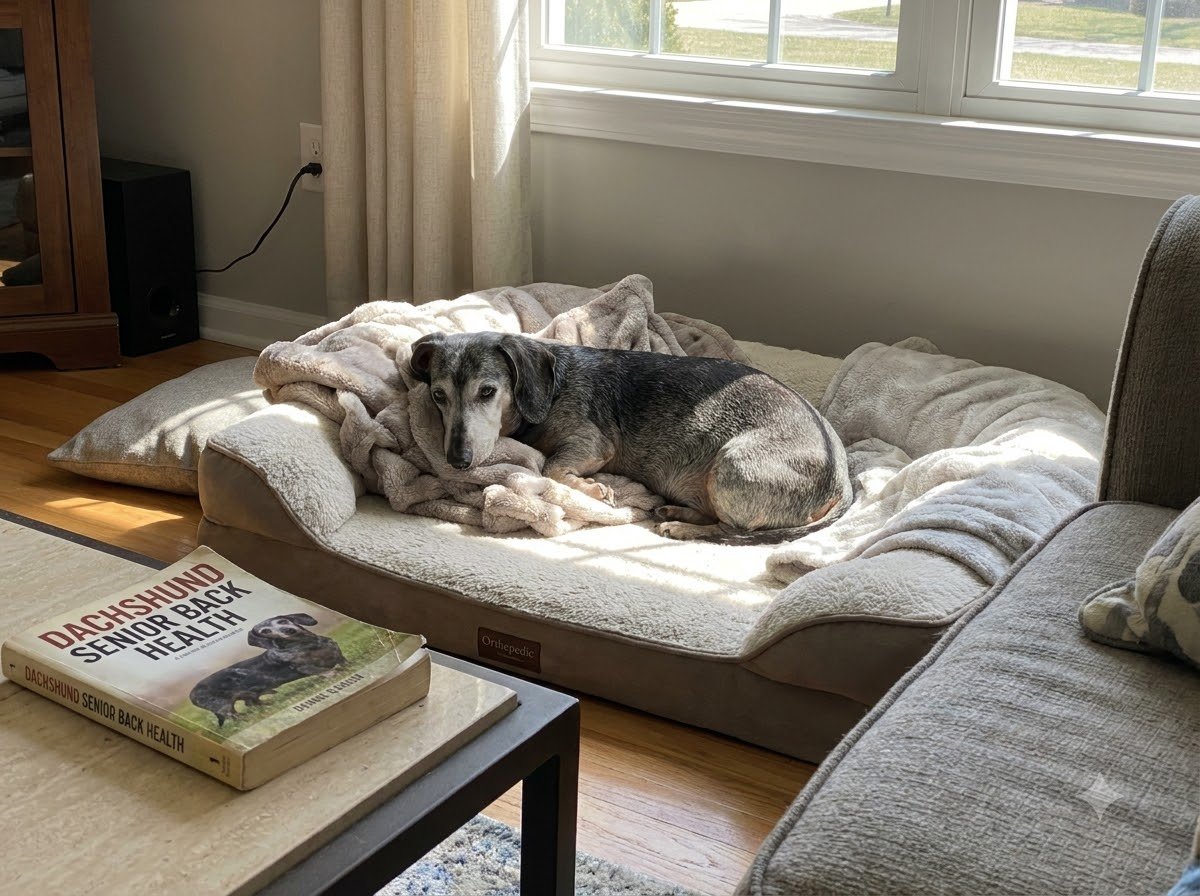 A Dachshund resting on a low, soft dog bed