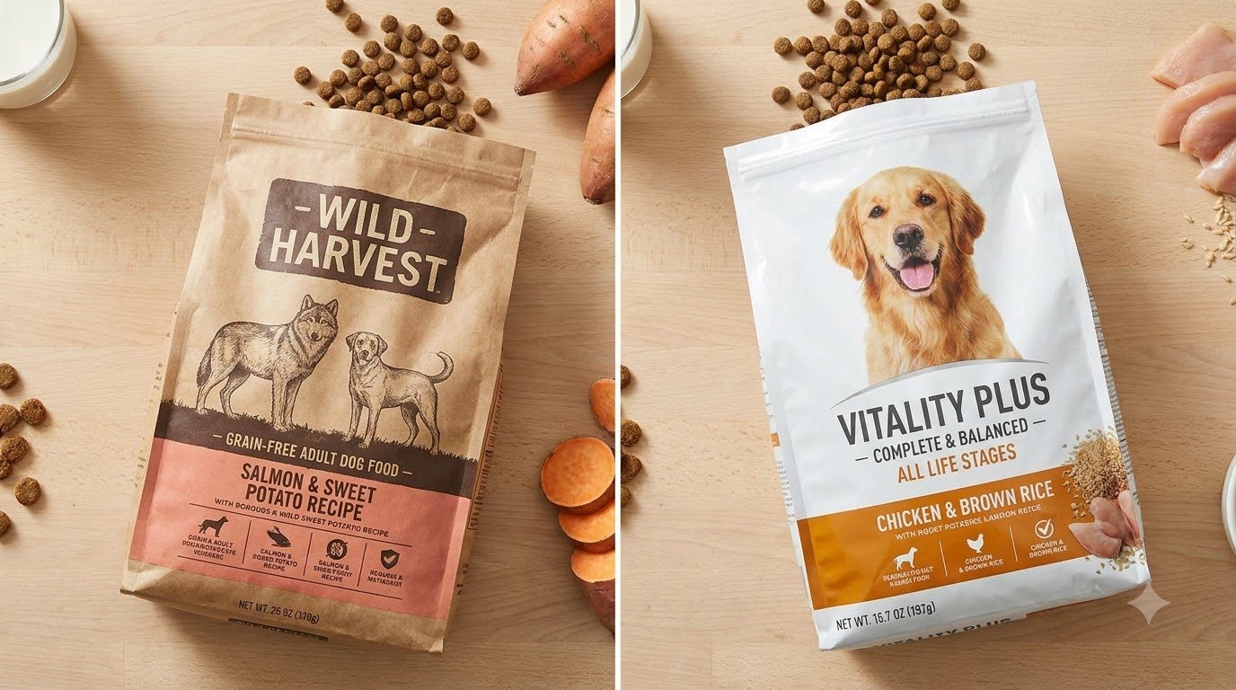 Pet food bags compared on a counter