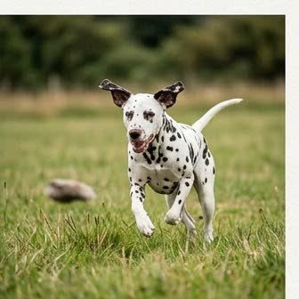 A Dalmatian running or playing outdoors