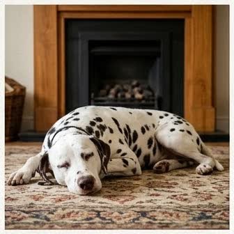 A Dalmatian resting in a cozy indoor setting