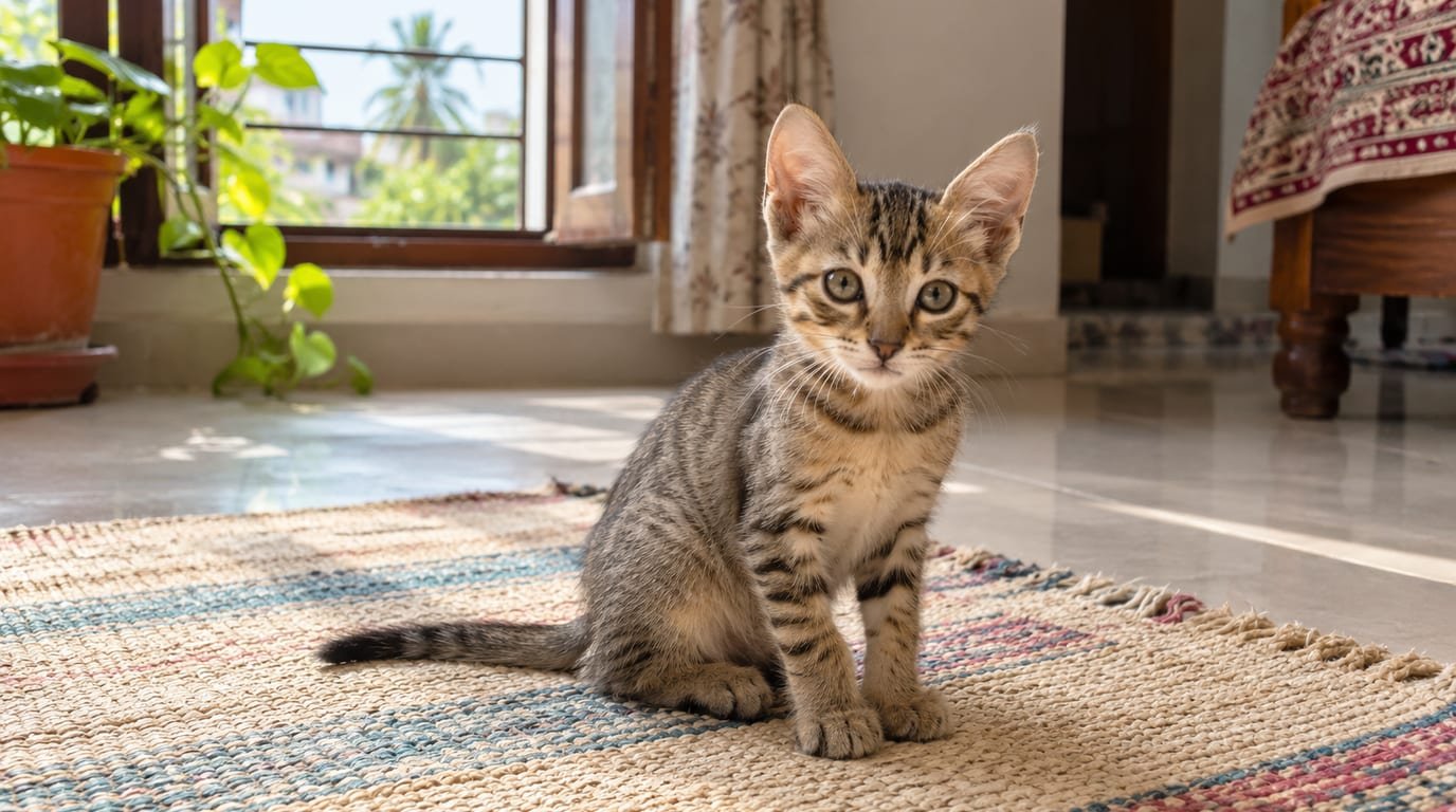 A young tabby desi kitten sitting on a cotton floor mat in a bright Indian home
