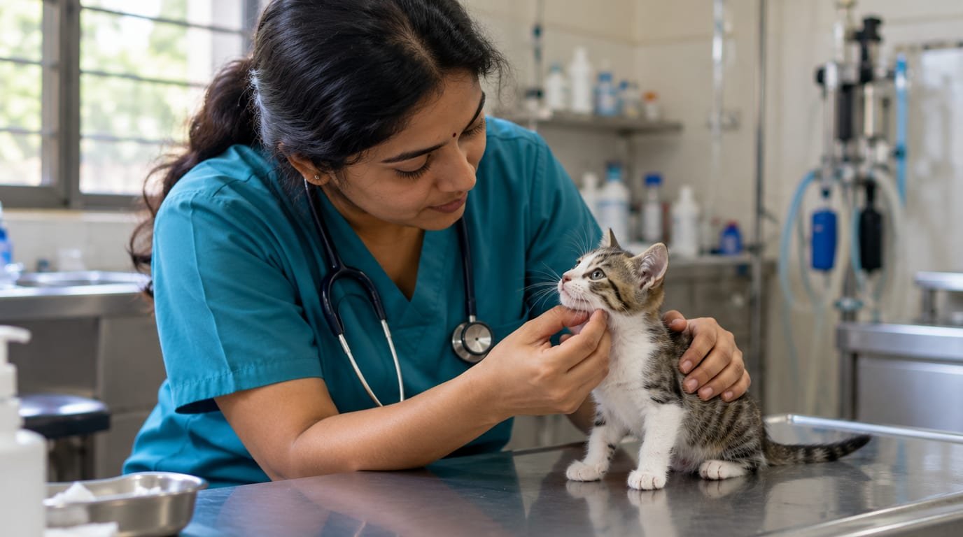 A veterinarian examining a small kitten on a clinic table in India