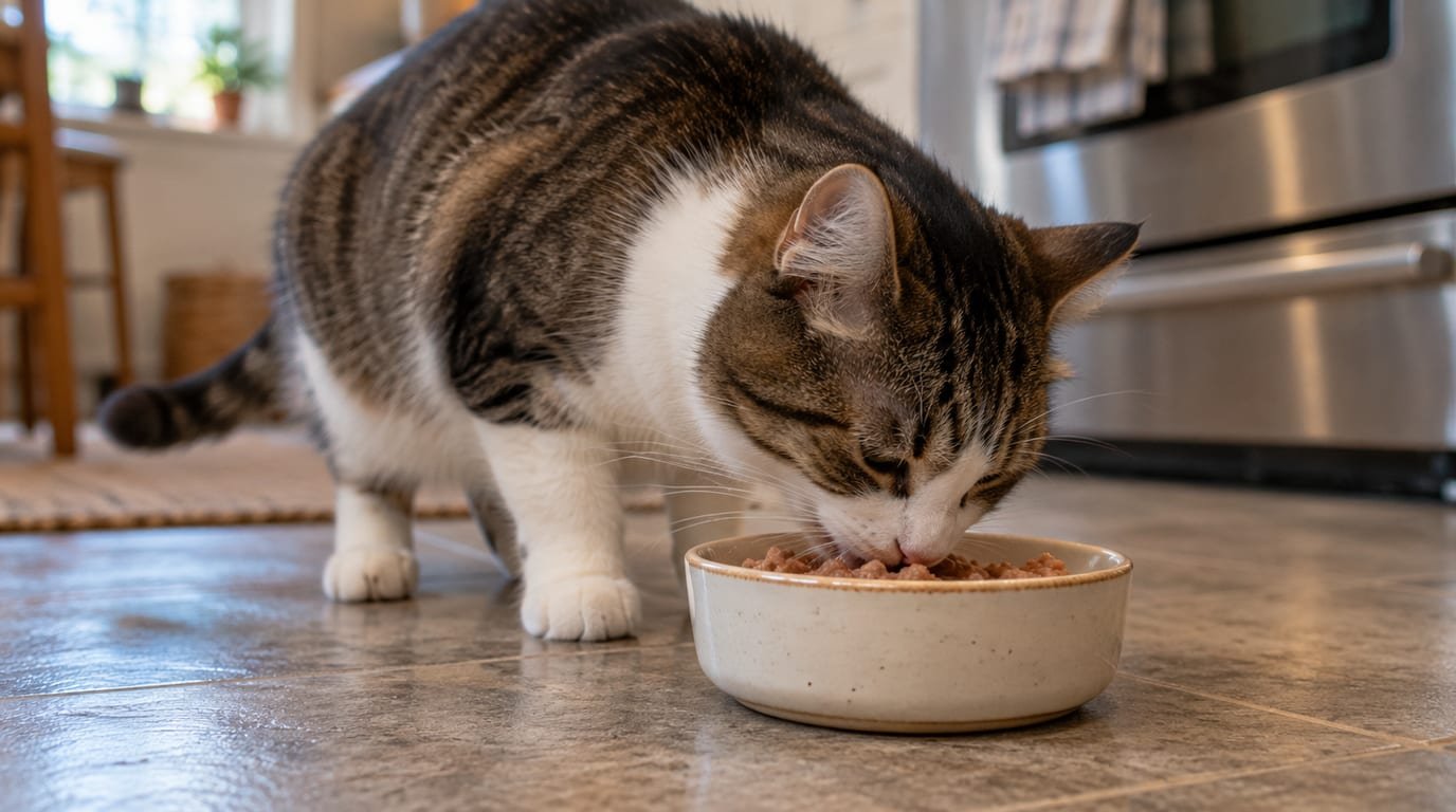 A cat eating wet food from a ceramic bowl on a kitchen floor