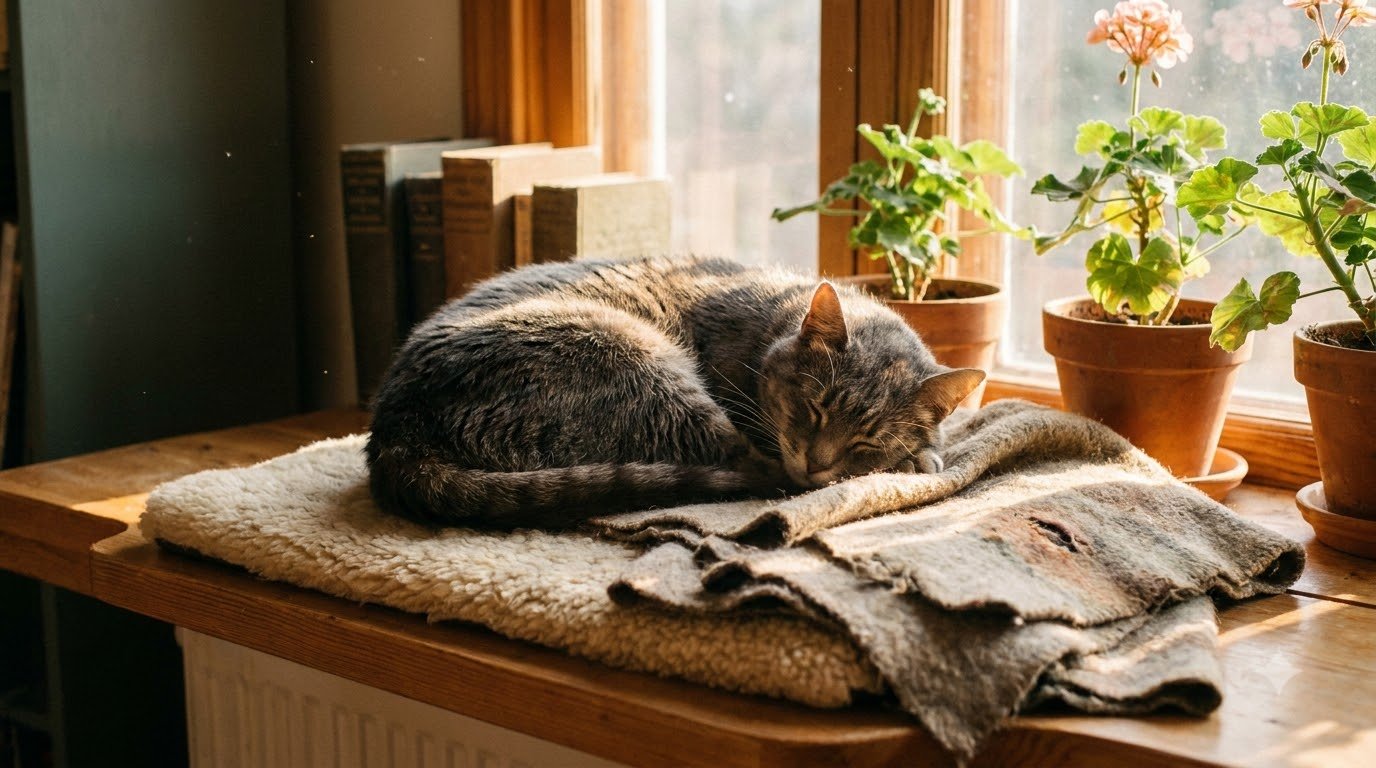 A cat resting comfortably on a windowsill