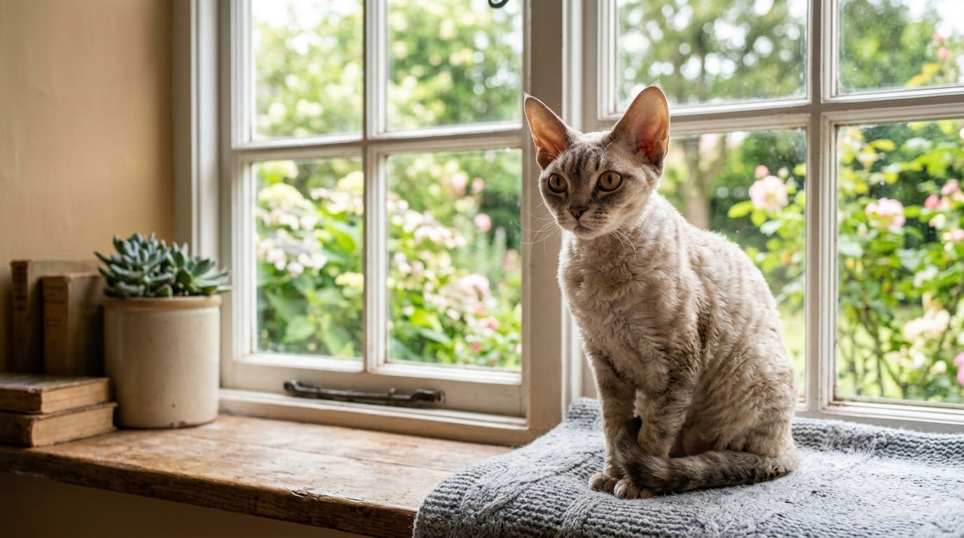 A Devon Rex cat with large ears and a soft wavy coat sitting indoors near a window