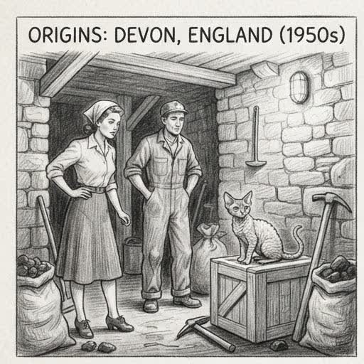 Illustrated sketch of the Devon Rex's discovery near a tin mine in Devon, England