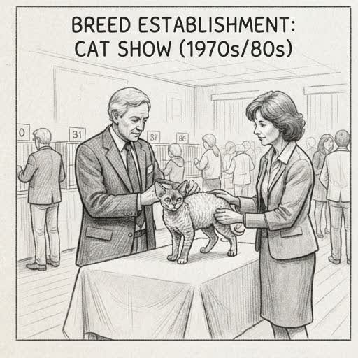 Illustrated sketch of a Devon Rex at a cat show achieving championship recognition