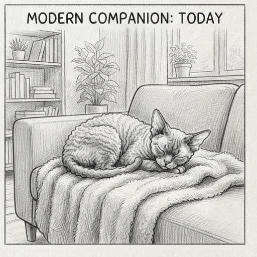 Illustrated sketch of a modern Devon Rex in a present-day home