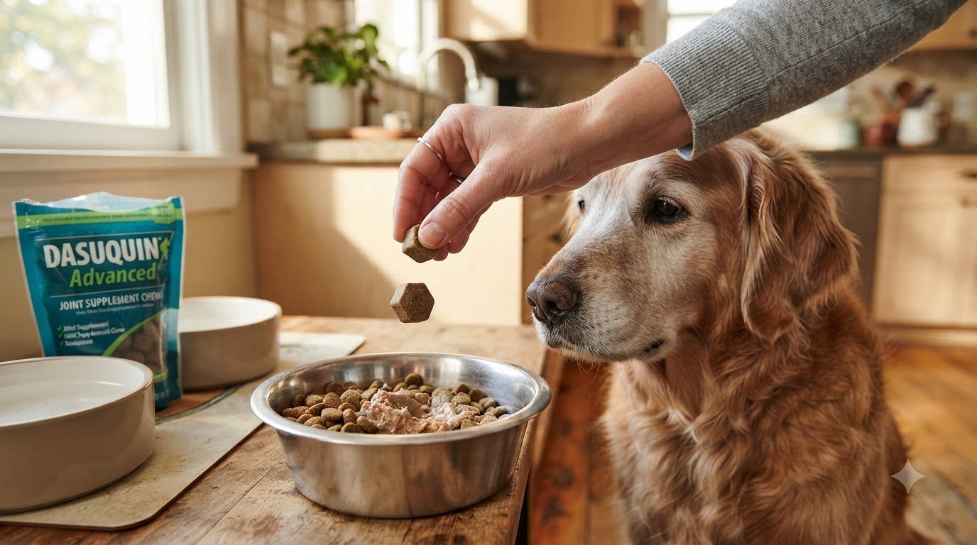 An owner adding a joint supplement to a senior dog's food bowl