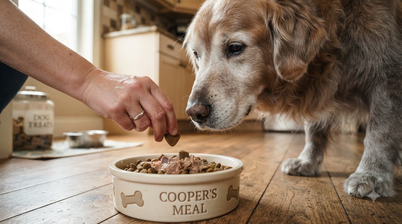 An owner adding a joint supplement chew to a dog's food bowl