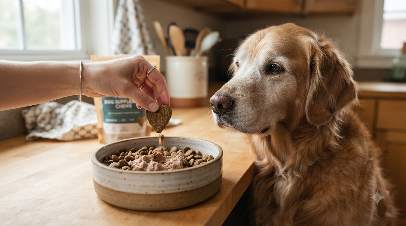 An owner giving a dog a daily joint supplement