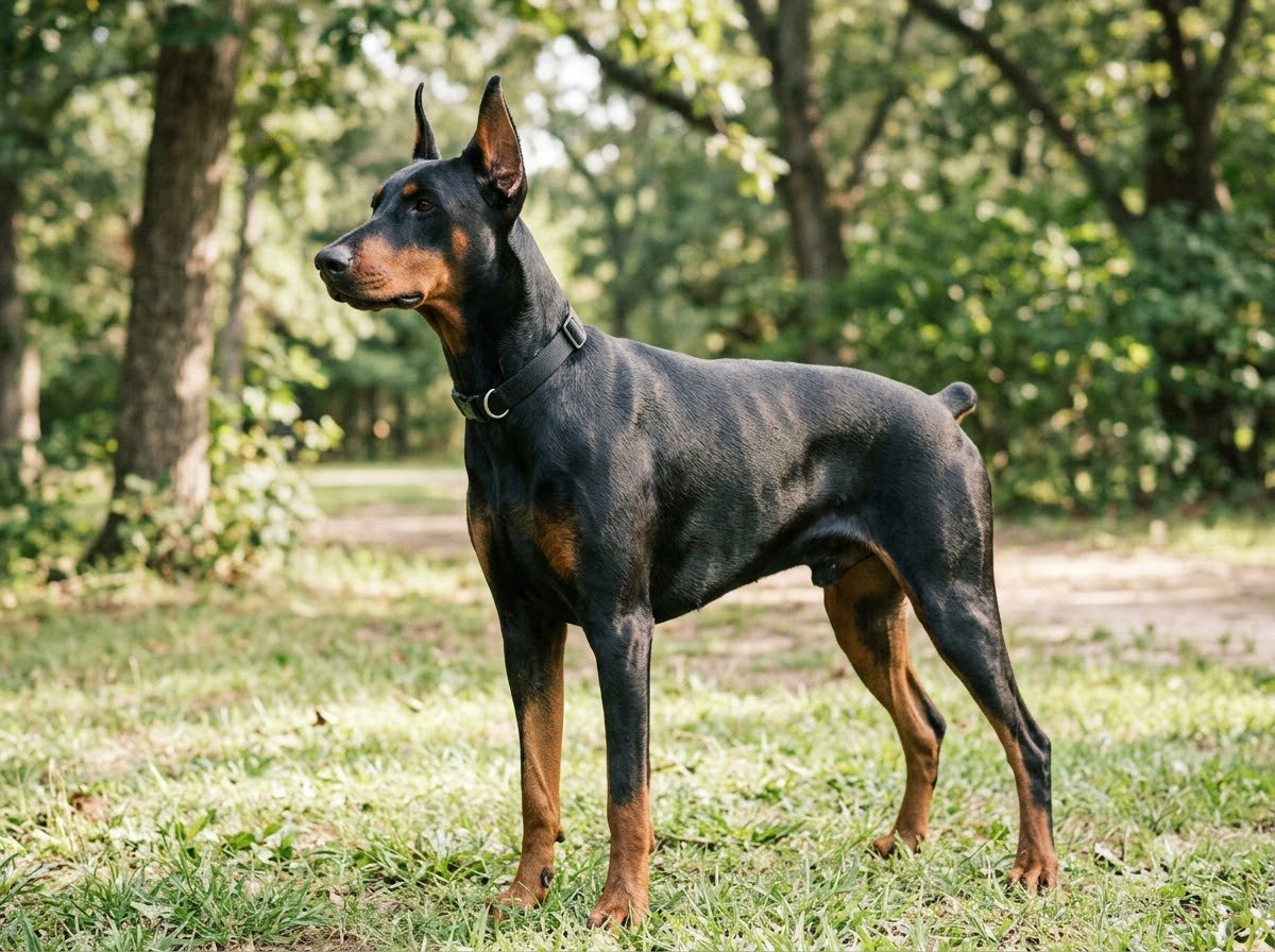 A Doberman standing alert outdoors