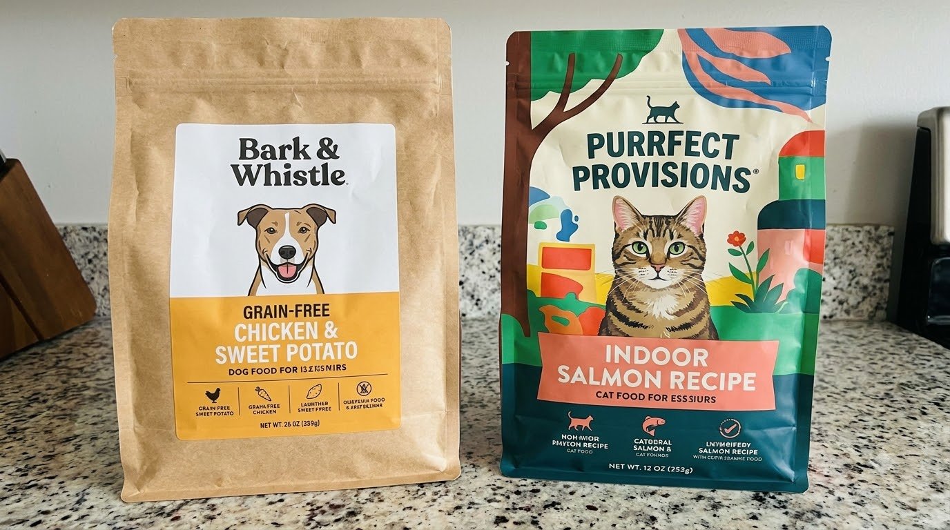 Two bags of pet food placed side by side