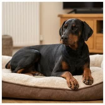 A Doberman Pinscher resting in a cozy indoor setting