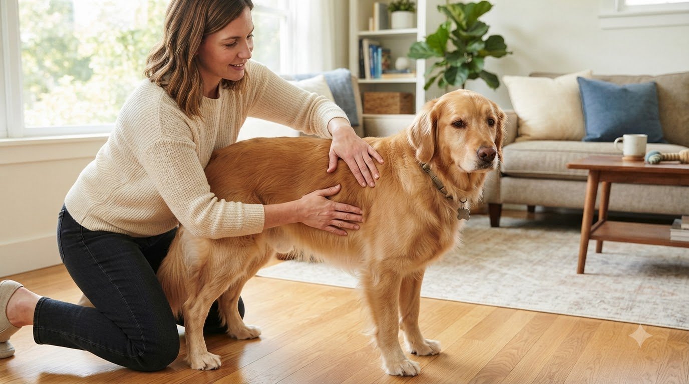 An owner checking a dog’s waist and ribs