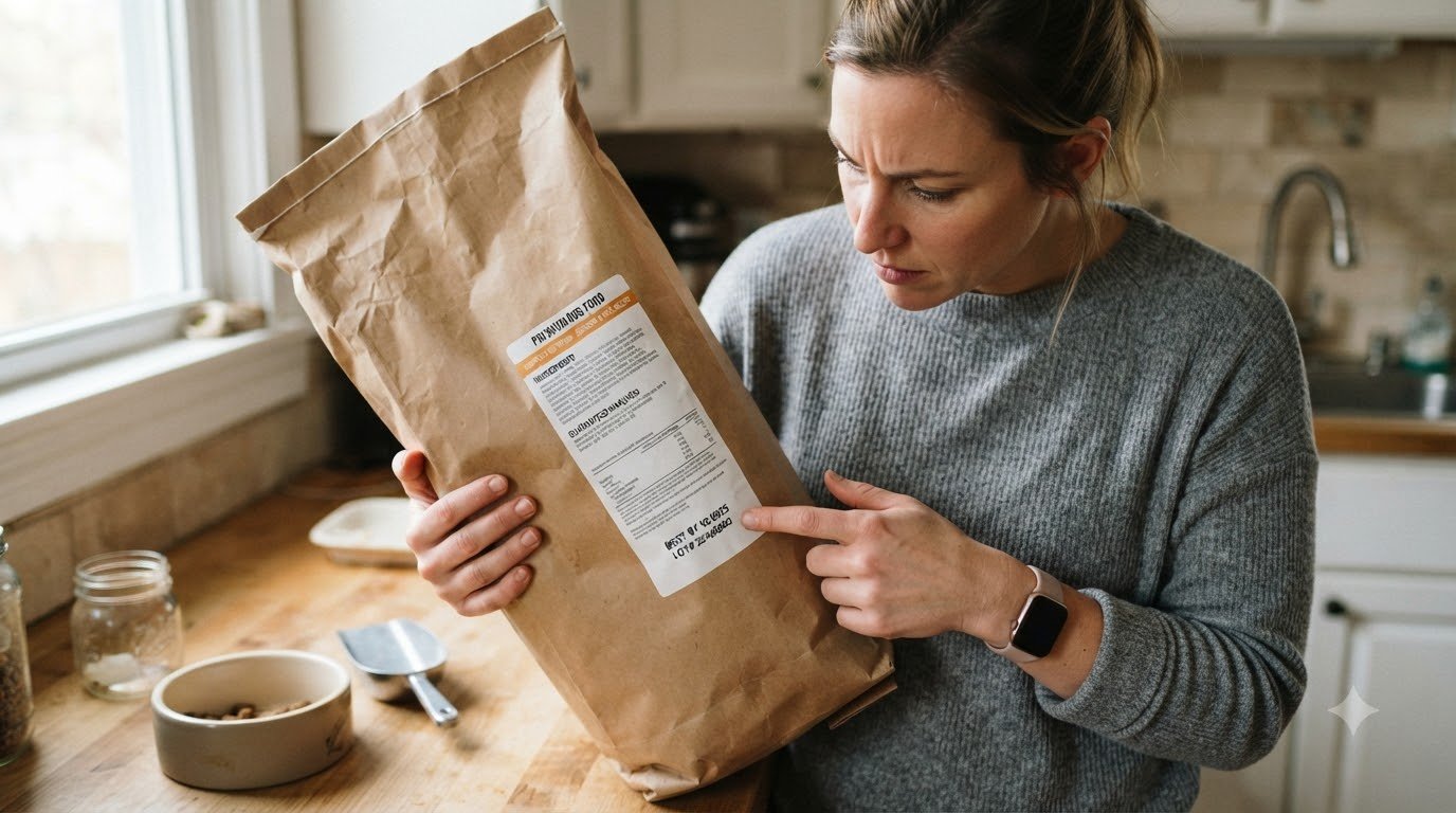 An owner checking a dog food recall status