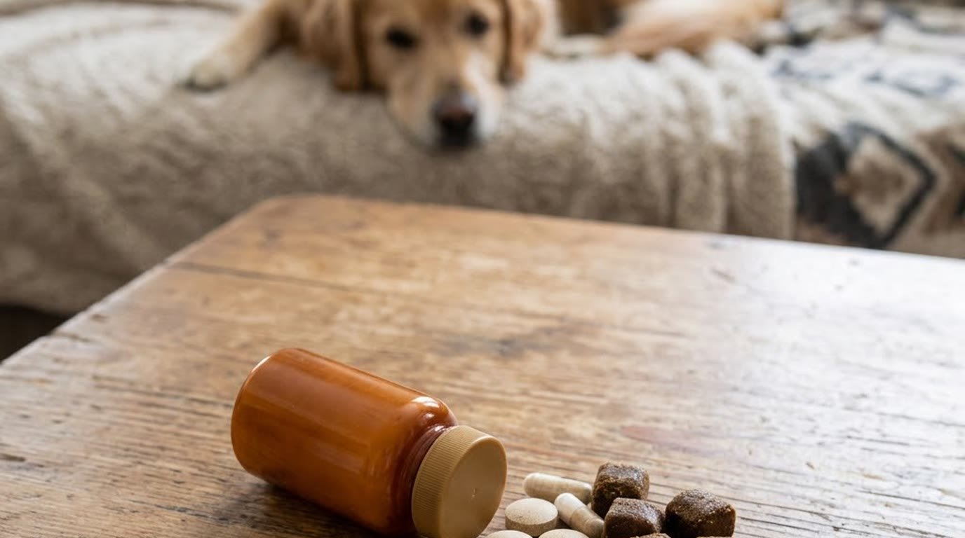 A supplement bottle and tablets on a table with a dog resting in the background