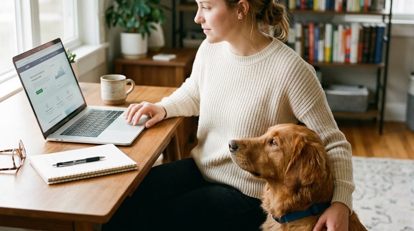 A dog owner reviewing pet insurance options on a laptop with her dog beside her