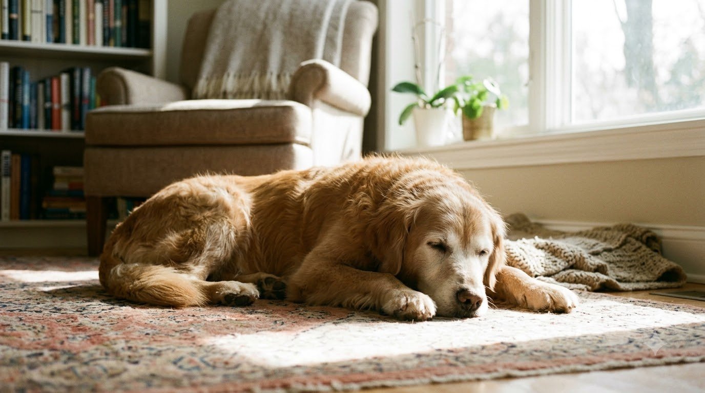 A senior golden retriever resting peacefully on a rug in a sunlit living room