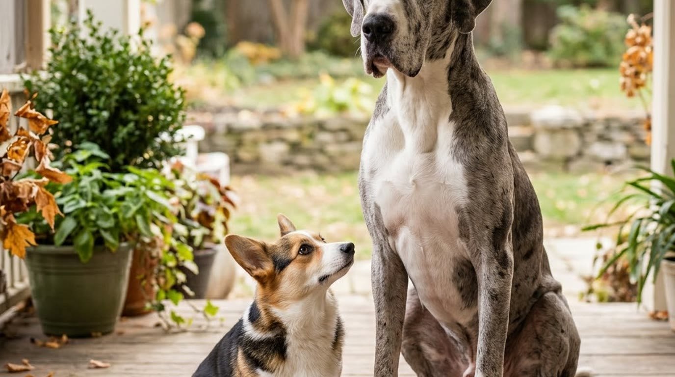 A small Corgi and a giant Great Dane sitting together outdoors