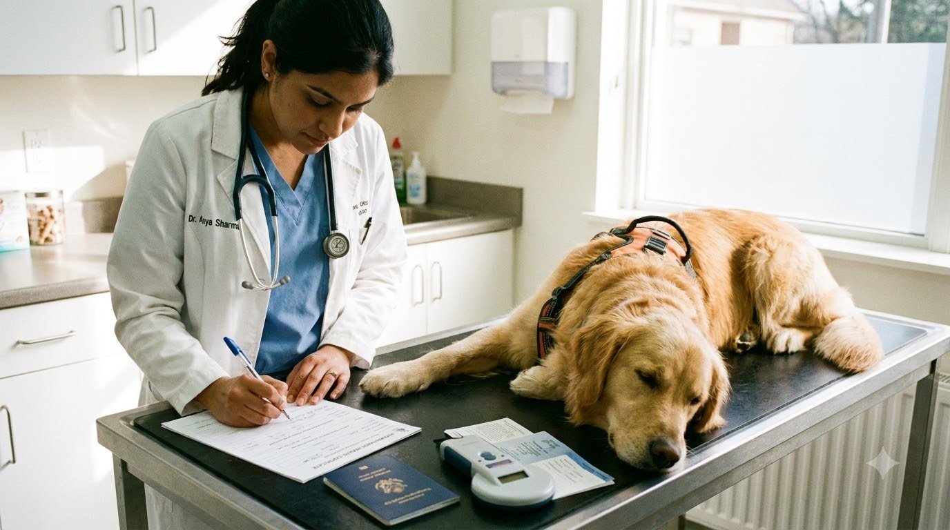 A veterinarian examining a dog on an exam table