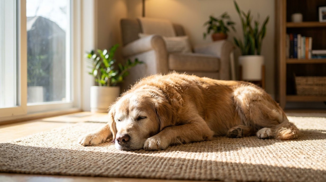 A dog resting comfortably at home after a vet visit