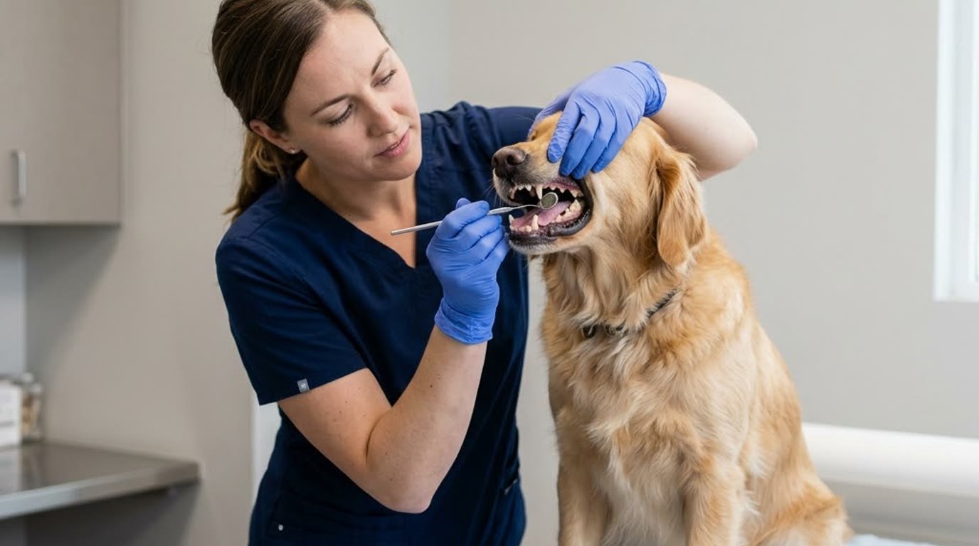 A veterinarian examining a dog's teeth closely at a clinic