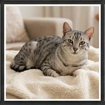 An Egyptian Mau resting in a cozy indoor setting