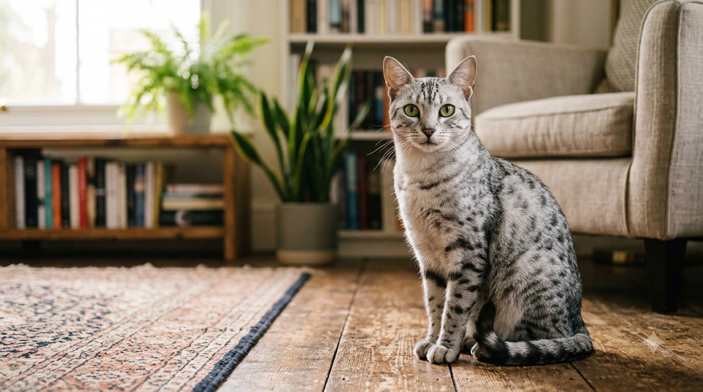 A silver spotted Egyptian Mau cat sitting alertly indoors
