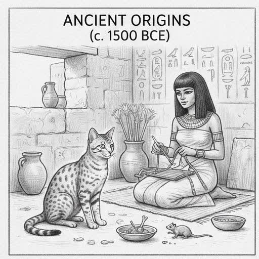 Illustrated sketch of a spotted cat resembling the Egyptian Mau in ancient Egypt