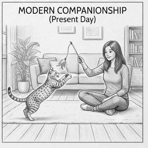 Illustrated sketch of a modern Egyptian Mau in a present-day home