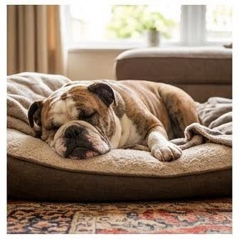 An English Bulldog resting in a cozy indoor setting