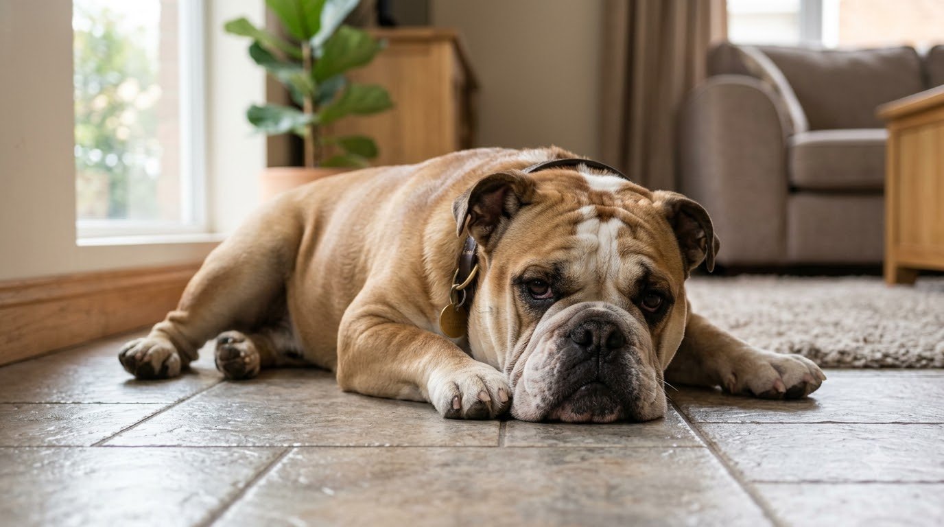 An English Bulldog lying calmly on a cool tile floor indoors