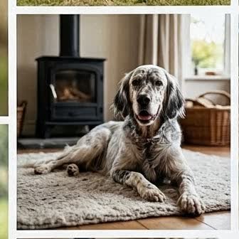 An English Setter resting in a cozy indoor setting