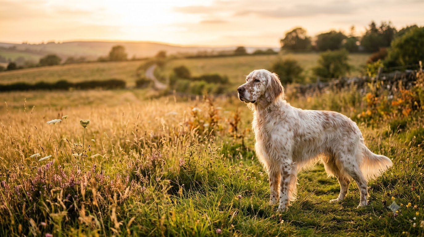 An English Setter with a white-and-orange belton speckled coat standing in a field