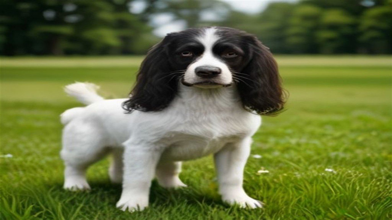 An English Springer Spaniel with liver and white patched coat standing outdoors
