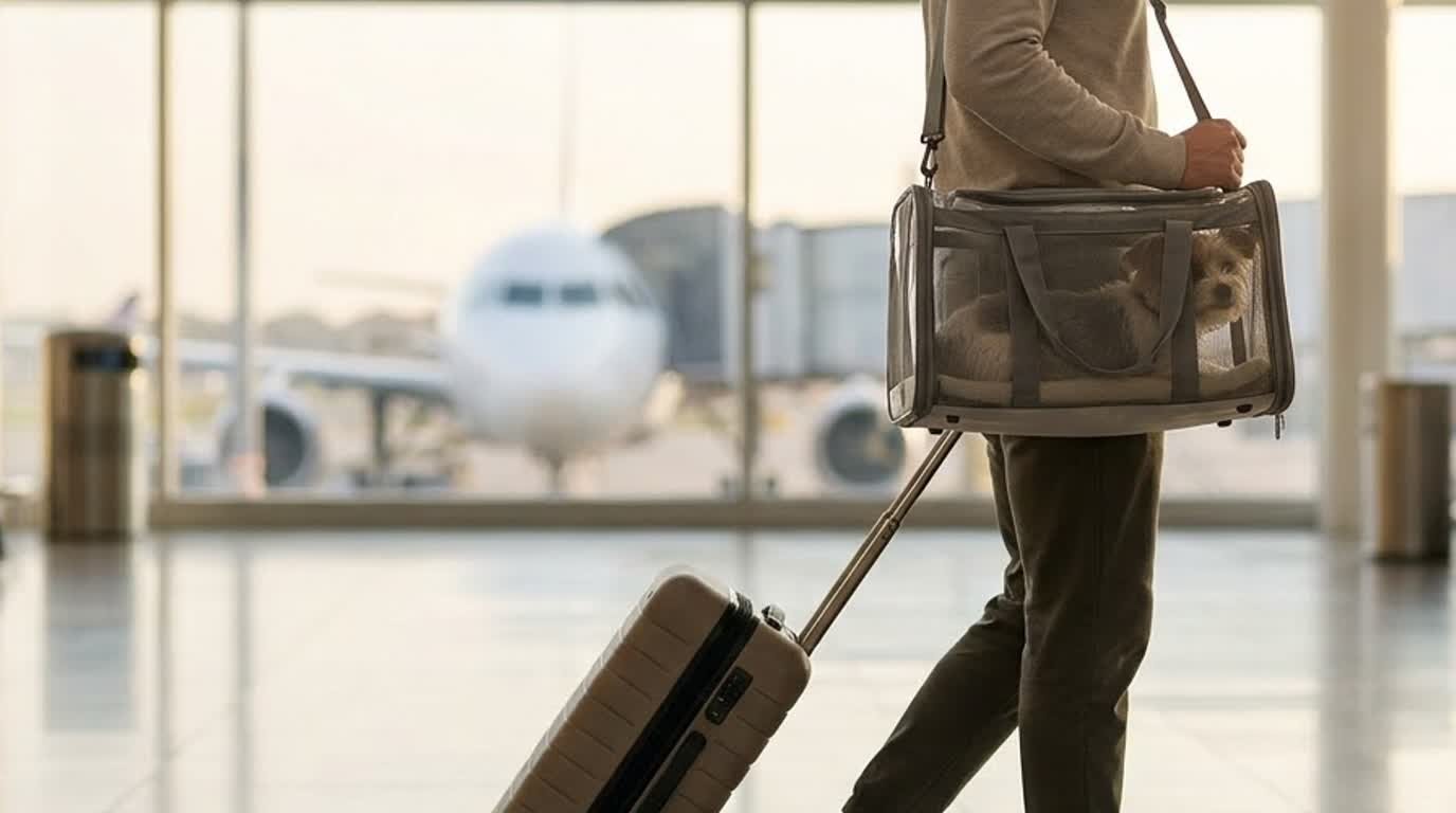 A pet owner with a small dog carrier at an airport check-in counter