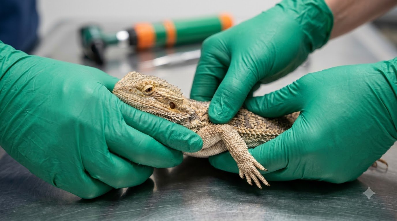 A vet carefully checking a bearded dragon on an exam table