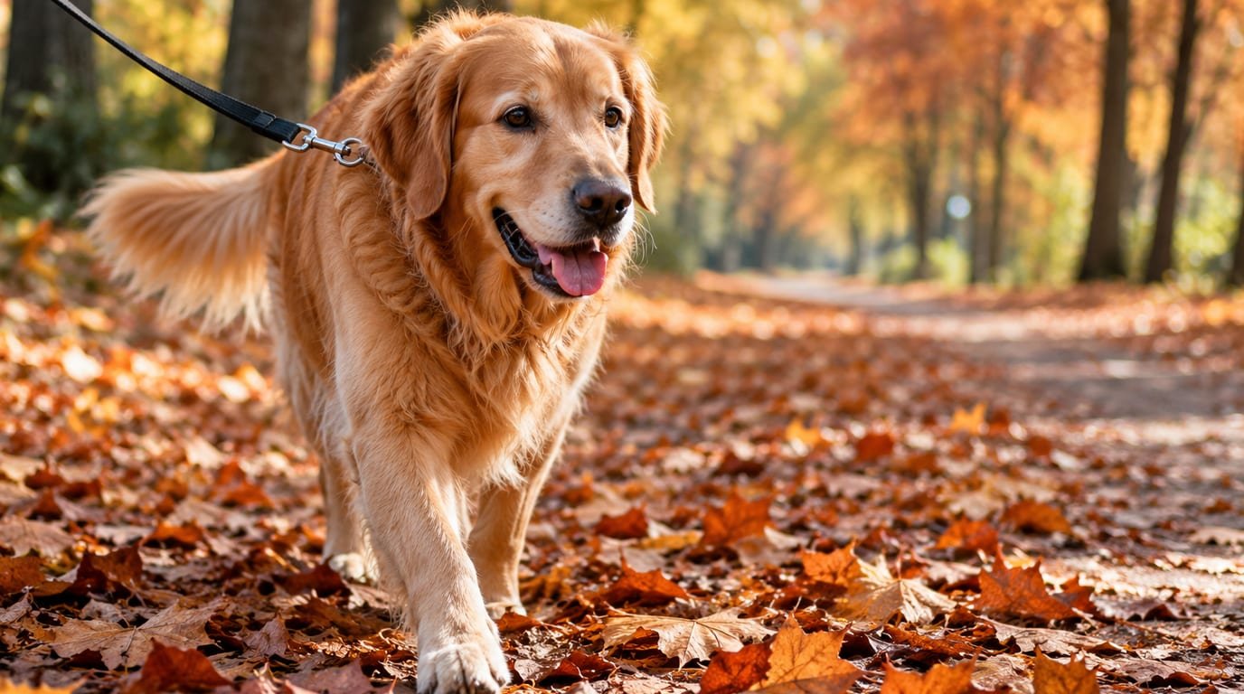 A dog on a leash walking through fallen autumn leaves on a tree-lined path