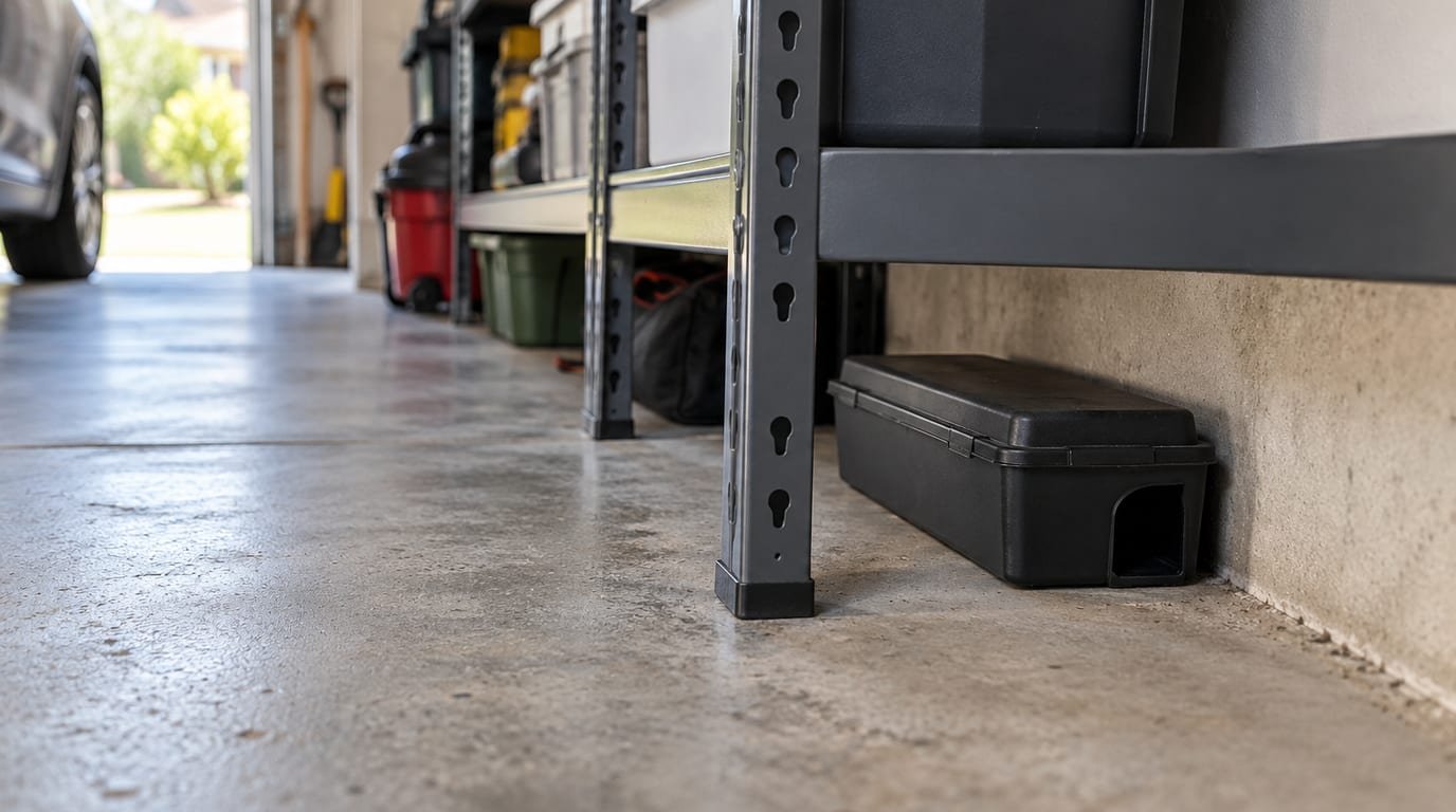 A closed plastic bait station tucked behind shelving in a garage, out of reach