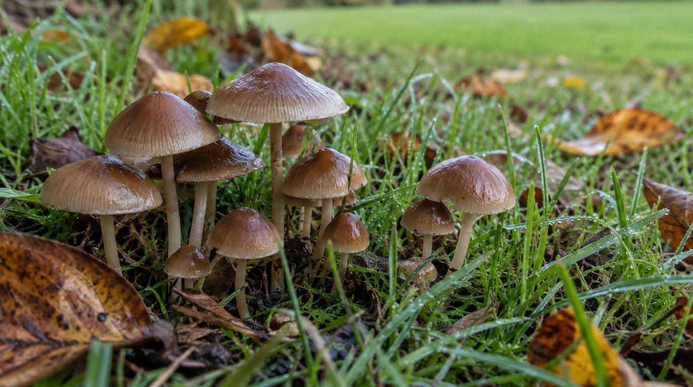 A cluster of wild mushrooms growing in damp grass at the edge of a lawn in autumn