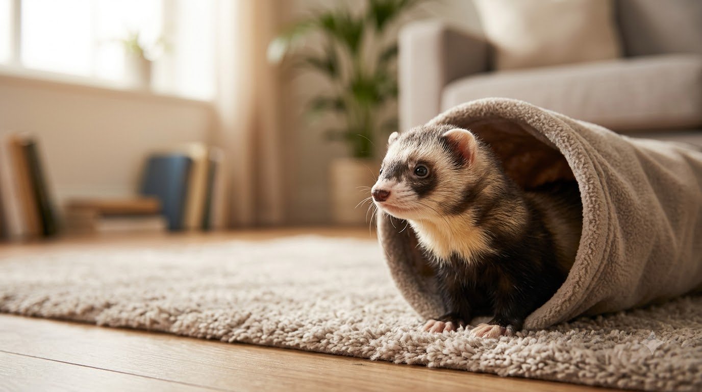 A sable ferret peeking out from a hammock indoors