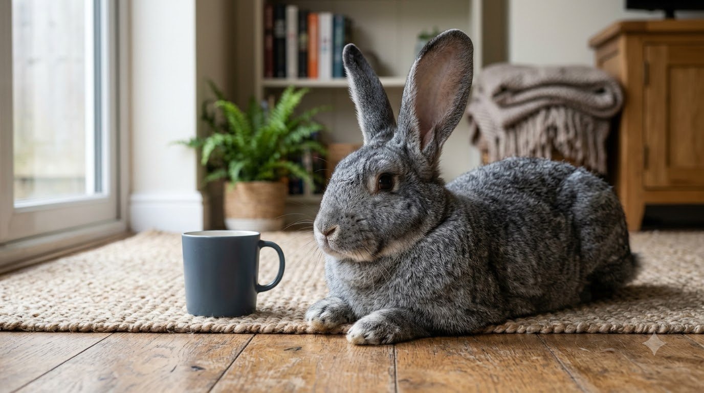 A large Flemish Giant rabbit lying on the floor beside a mug for scale