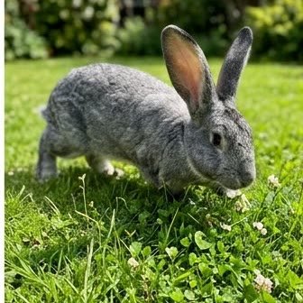 A Flemish Giant rabbit grazing outdoors on grass