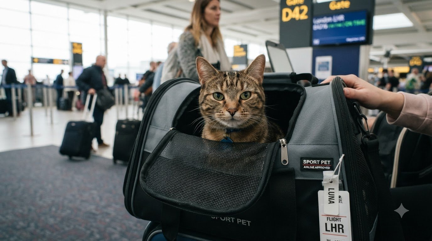 A cat inside a soft-sided airline-approved carrier