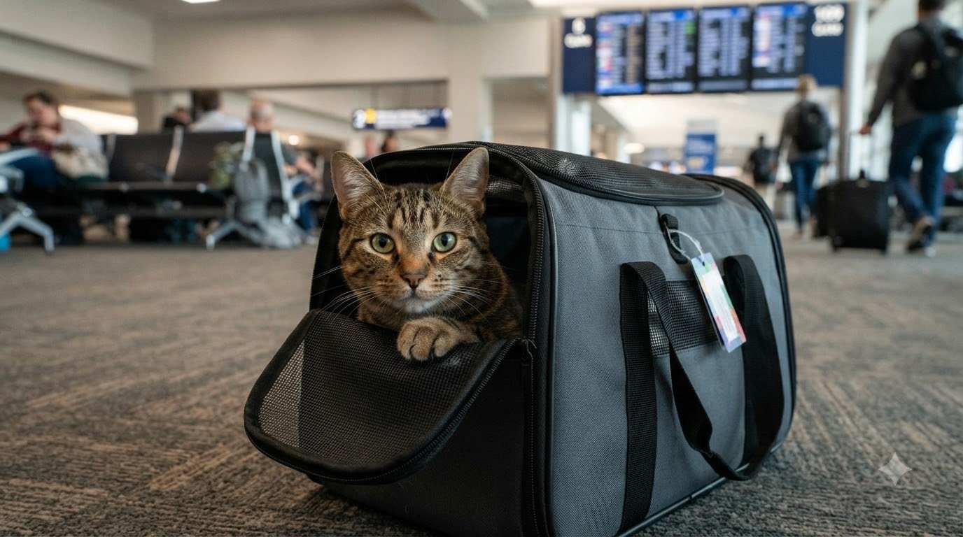 A cat peeking out from a travel carrier bag