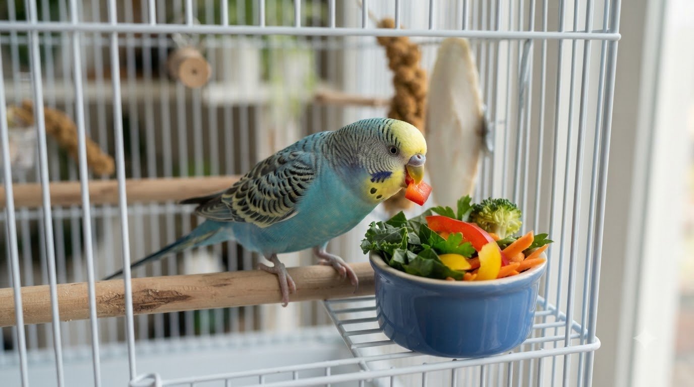 A budgie eating safe fresh vegetables from a dish