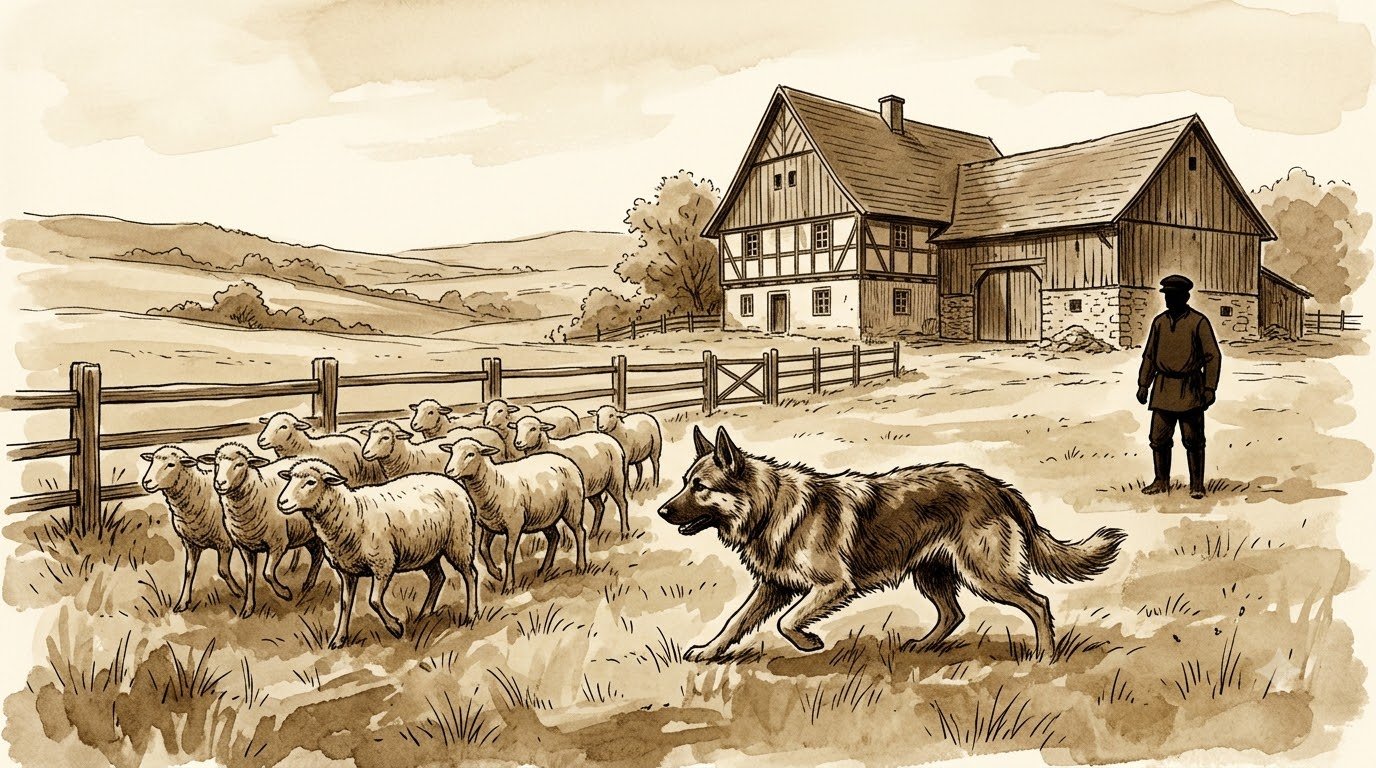 Illustrated sepia-toned scene of a shepherd-type working dog on a late-1800s German farmstead