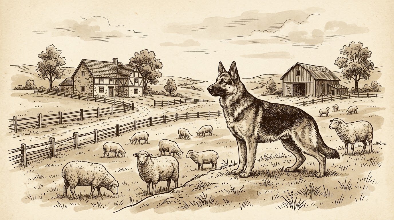 Illustrated sepia-toned scene of a German Shepherd guarding sheep in a rural European pasture