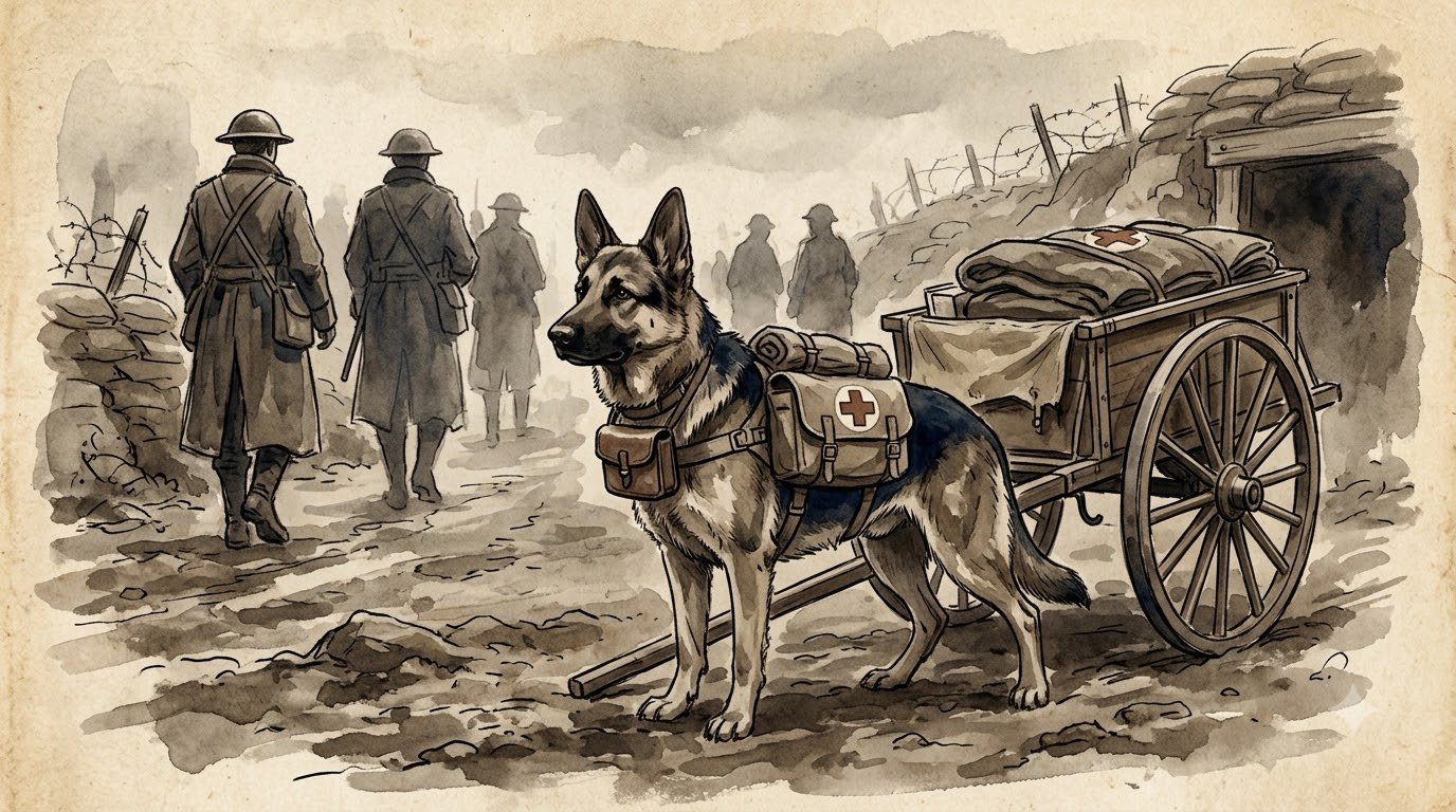 Illustrated sepia-toned scene of a German Shepherd with a WWI-era medic pack beside a field cart
